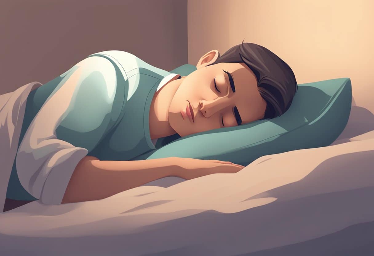 A person sleeping peacefully, with a serene expression, breathing through their mouth. The scene is calm and tranquil, with soft lighting and a cozy atmosphere