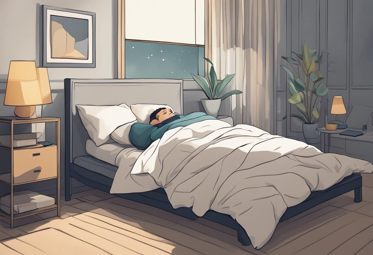 A person sleeping peacefully with their mouth slightly open, surrounded by pillows and a dimly lit room