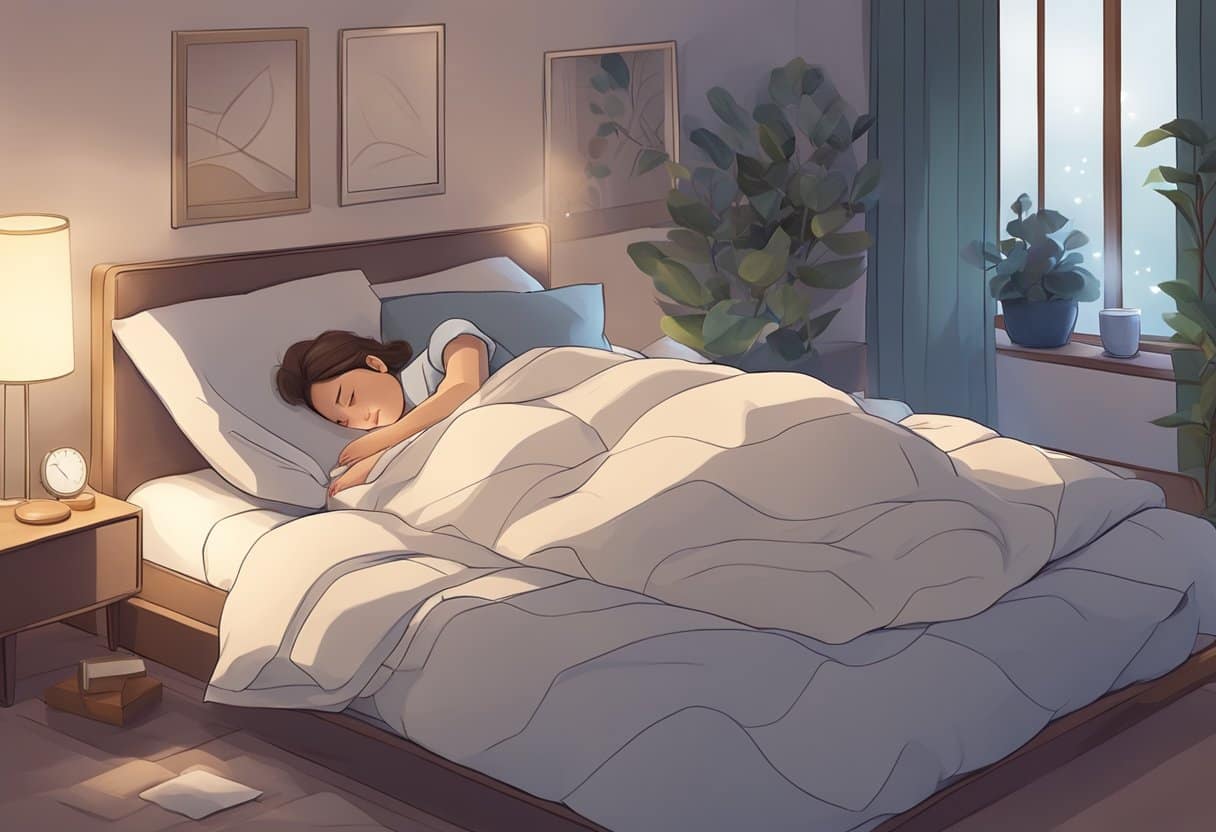 A person sleeping peacefully with their mouth closed, surrounded by calming elements like a cozy bed, soft pillows, and dim lighting