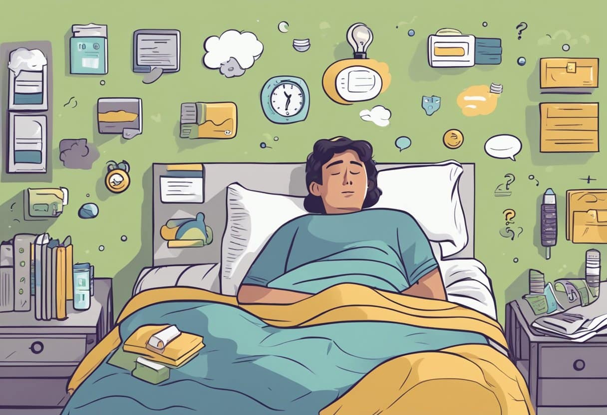 A person lying in bed with their mouth open, surrounded by various sleep aids and a thought bubble of questions about mouth breathing
