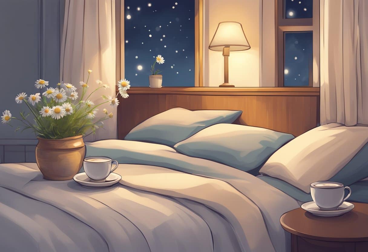 A cozy bedroom with a steaming cup of chamomile tea on a nightstand, surrounded by soft pillows and a warm blanket