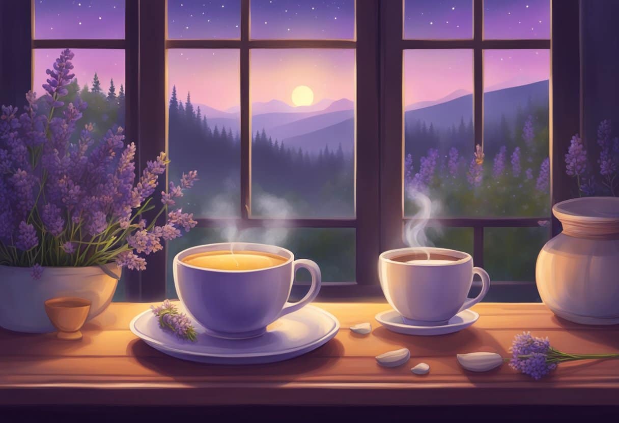 A cozy night scene with a steaming cup of chamomile tea surrounded by lavender flowers and a tranquil sleeping environment