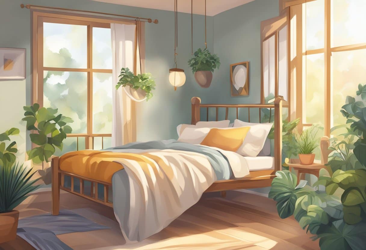 A cozy bed with a soft pillow and warm blanket, surrounded by a peaceful, sunlit room. An inviting hammock gently swaying in a tranquil garden setting