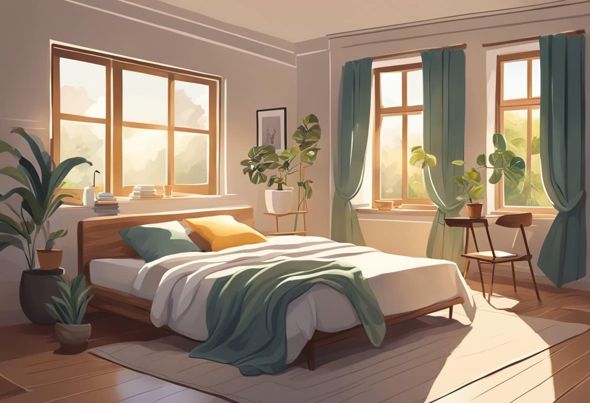 A cozy bedroom with a sunlit window, a comfortable bed, and a peaceful atmosphere, with a variety of napping positions and styles depicted
