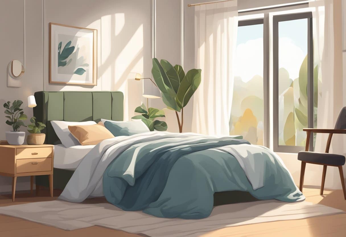 A cozy bedroom with a sunlit window, a comfortable armchair, and a soft blanket laid out on a bed, offering options for different napping styles
