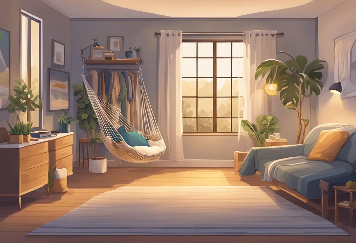 A cozy bedroom with various napping setups - hammock, recliner, and bed - surrounded by calming decor and soft lighting