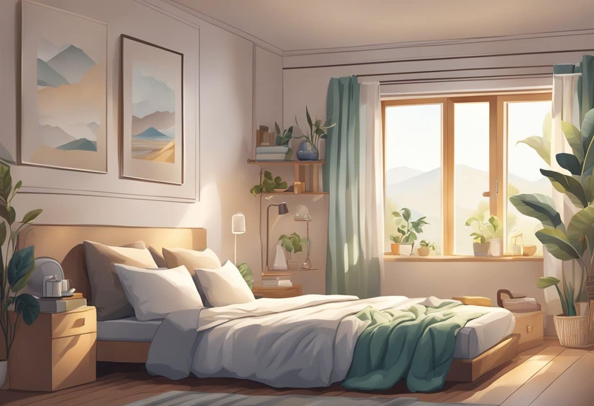 A cozy bedroom with natural light streaming in, featuring a comfortable bed with various pillows and blankets arranged in different napping styles