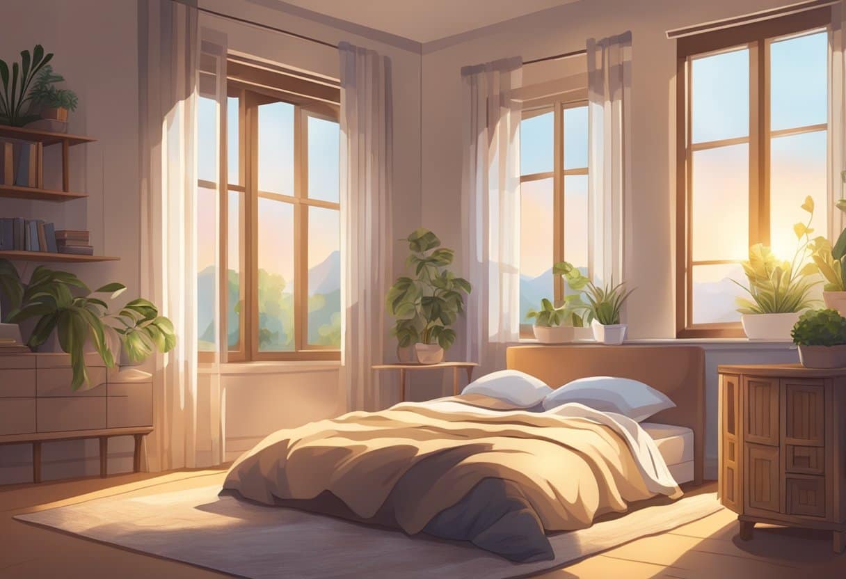 A cozy bedroom with a sunlit window, a comfortable bed with soft blankets, and a serene atmosphere for peaceful napping