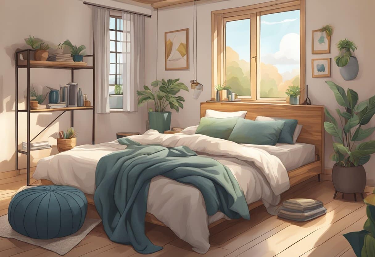 A cozy bedroom with a variety of napping setups, including a hammock, recliner, and cozy bed, surrounded by soft pillows and blankets