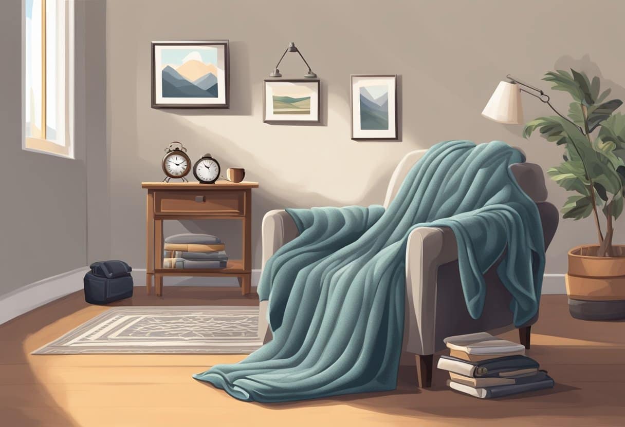 A cozy blanket on a recliner, a steaming cup of coffee on a side table, and a ticking clock on the wall