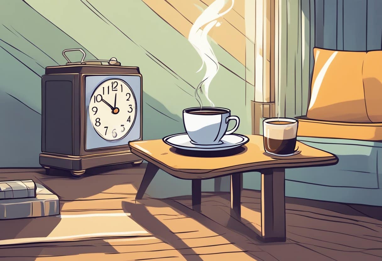 A steaming cup of coffee sits next to a cozy nap spot, with a clock showing a short time frame