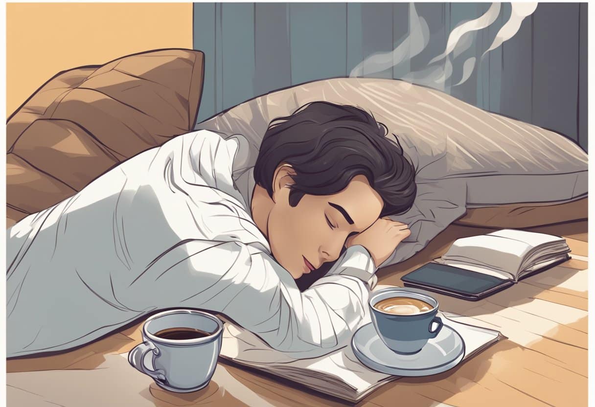 A cozy nap setting with a steaming cup of coffee and a timer beside it. A person is lying down, eyes closed, appearing relaxed and rejuvenated