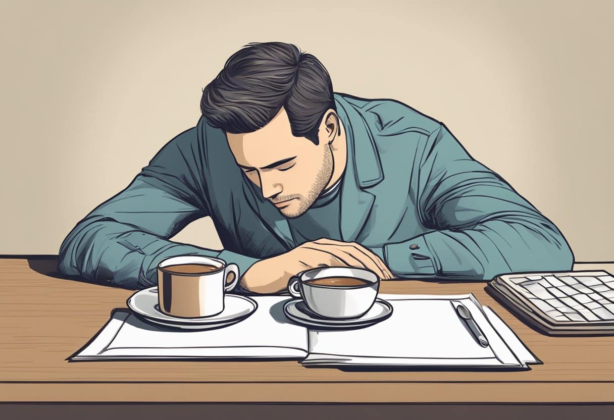 A person lying down with a cup of coffee on a table next to them, appearing to be dozing off
