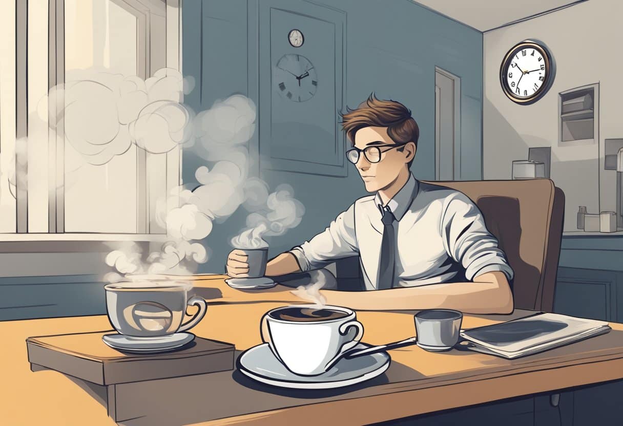 A person lying down with a steaming cup of coffee on a table next to them, while a clock on the wall shows a short passage of time