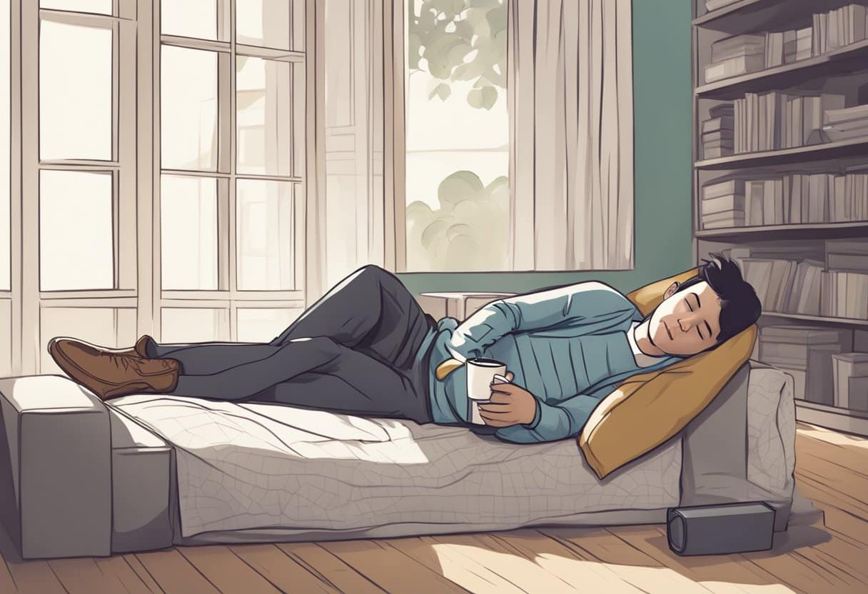 A person lying down with a cup of coffee beside them, eyes closed in a peaceful nap