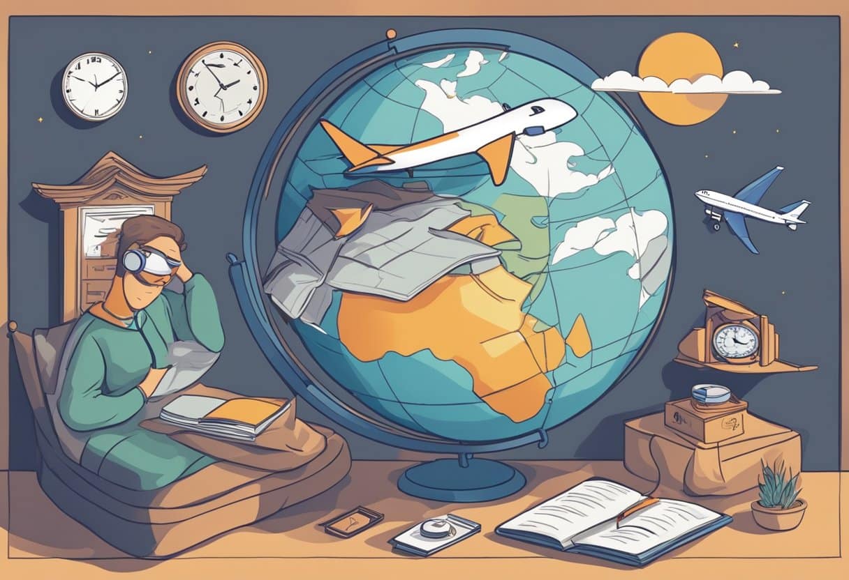 A globe with a plane flying around it, a clock showing different time zones, and a person sleeping in a comfortable bed with an eye mask on