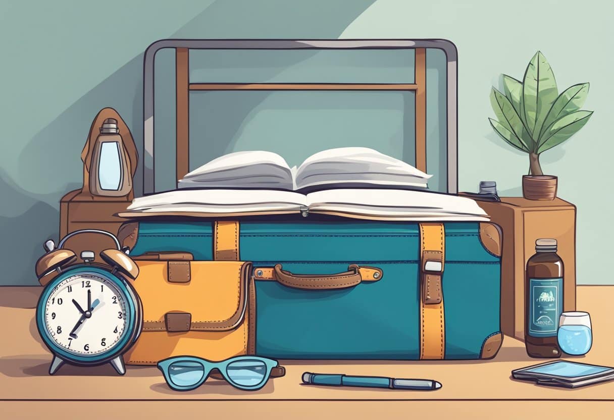 A suitcase packed with travel essentials, a sleep mask, and a bottle of water on a bedside table with a clock showing different time zones