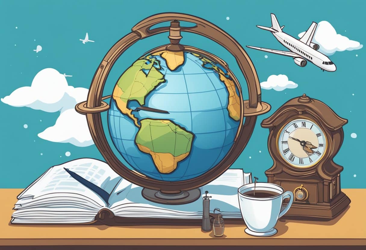 A globe surrounded by a clock, a pillow, and a cup of water, with a plane flying across the sky