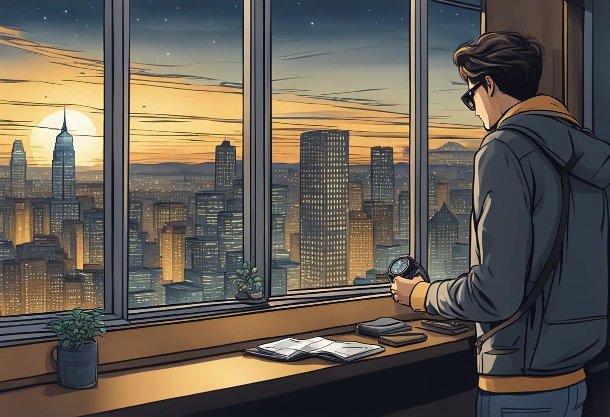 A traveler adjusting their watch while standing in front of a window with a view of a city skyline at night