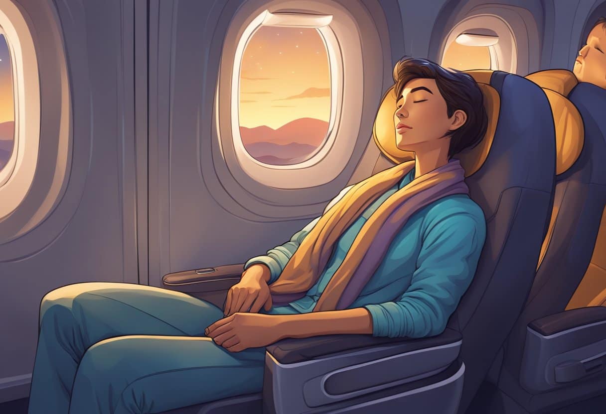 A passenger reclines in a cozy airplane seat, eyes closed, with a blanket and neck pillow. The cabin is dimly lit, and a small window reveals a starry night sky