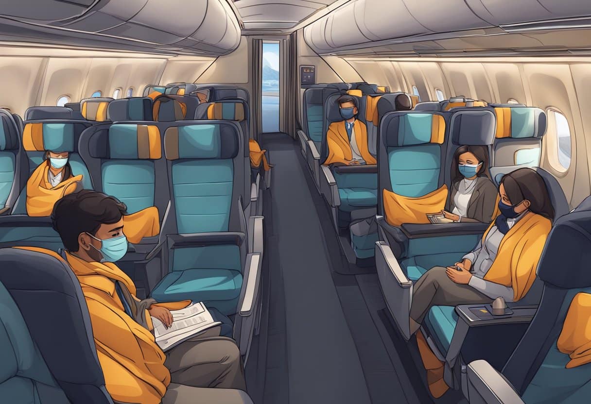 A dark airplane cabin with dimmed overhead lights and passengers reclining in their seats with blankets and eye masks