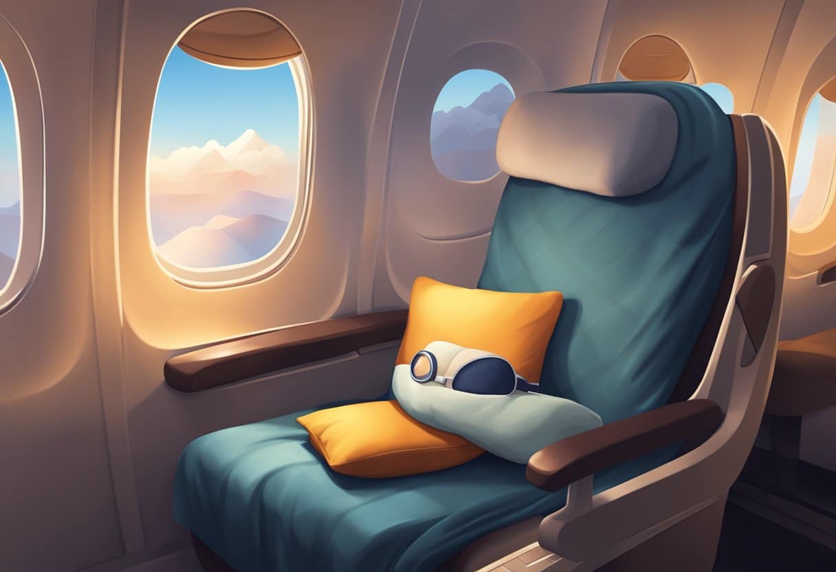 A cozy airplane seat with a plush pillow, soft blanket, and eye mask. A dimly lit cabin with a peaceful atmosphere