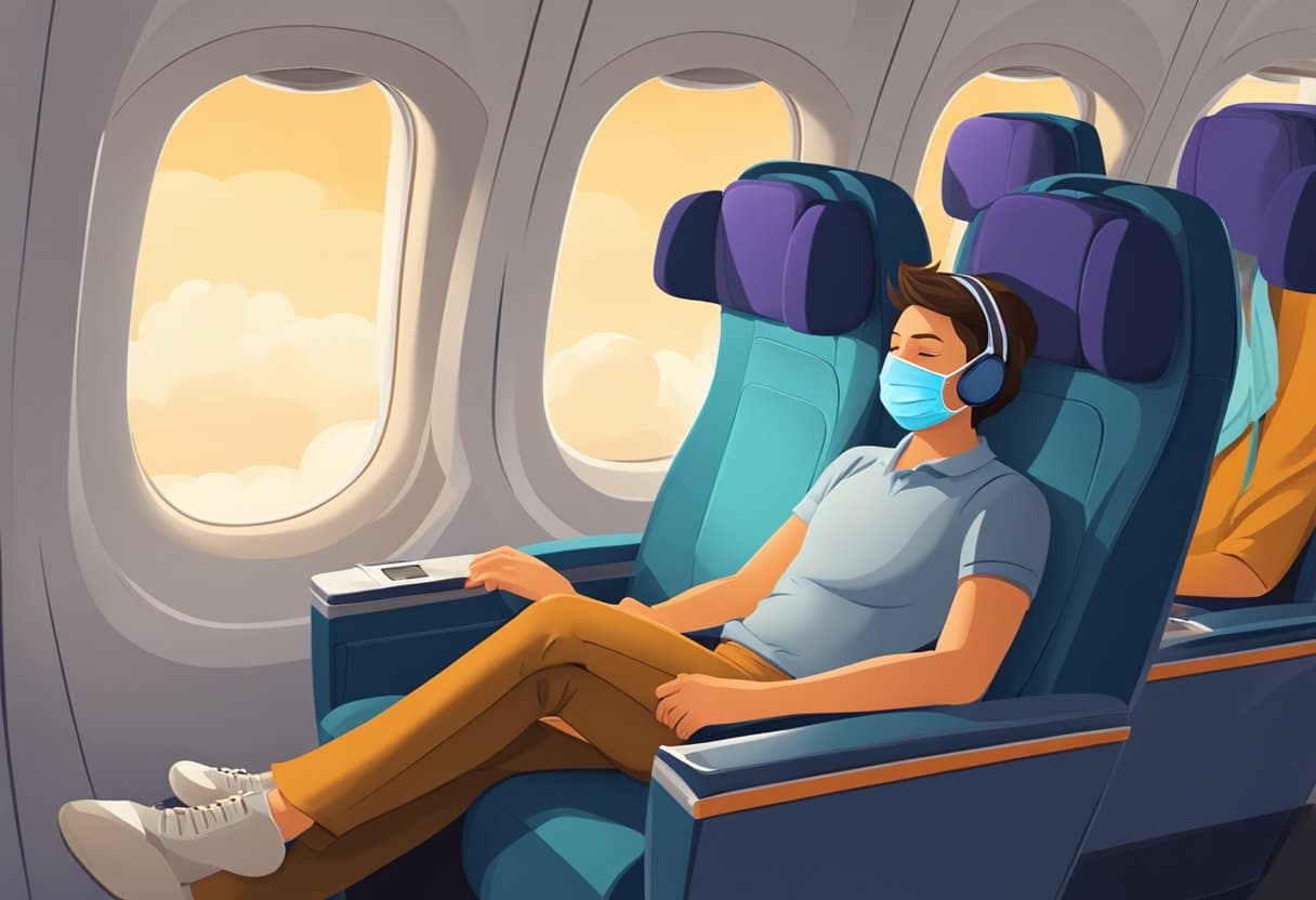 A passenger reclines in a dimly lit airplane cabin, wearing a sleep mask and earplugs. The surrounding seats are empty, and the only sound is the gentle hum of the engines