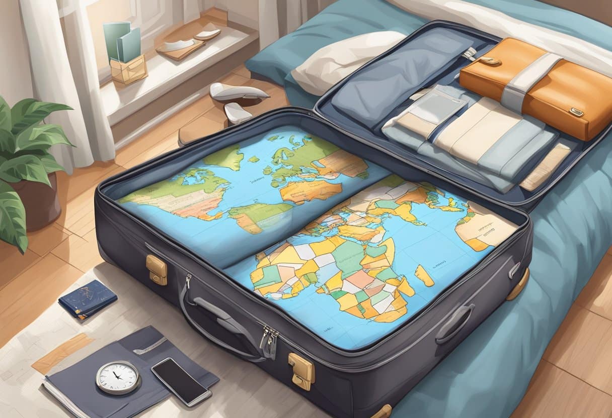 A traveler's suitcase open on a bed, filled with clothes, toiletries, and a travel guide. A world map and a clock showing different time zones on the wall