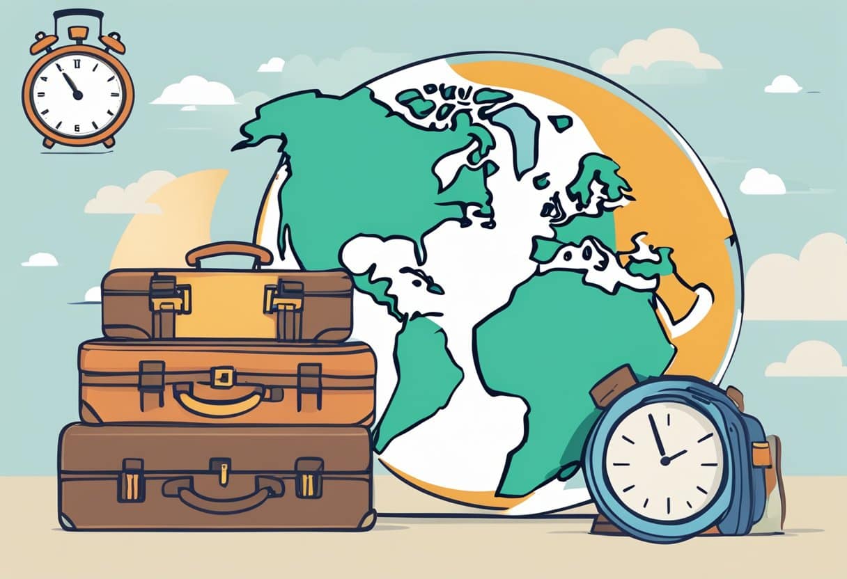 A globe with multiple time zones highlighted, a traveler's suitcase with clothing spilling out, and a clock showing different times