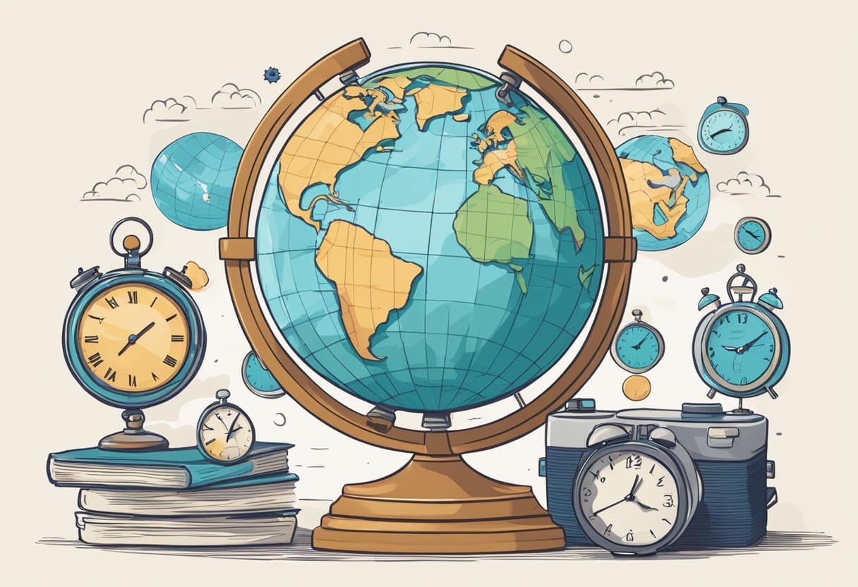 A globe surrounded by clocks set to different time zones, with a traveler's itinerary and a sleep mask nearby