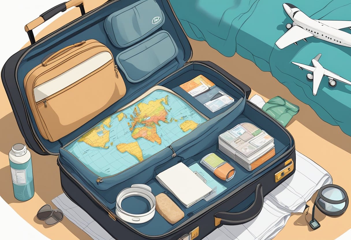 A traveler's suitcase open on a bed, filled with travel essentials like a neck pillow, eye mask, and travel-sized toiletries. A world map and a jet lag recovery plan are laid out next to it