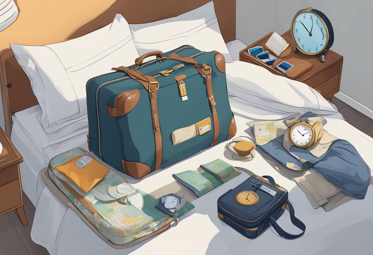 A traveler's suitcase open on a bed, with a sleep mask, neck pillow, and various time zone clocks scattered around