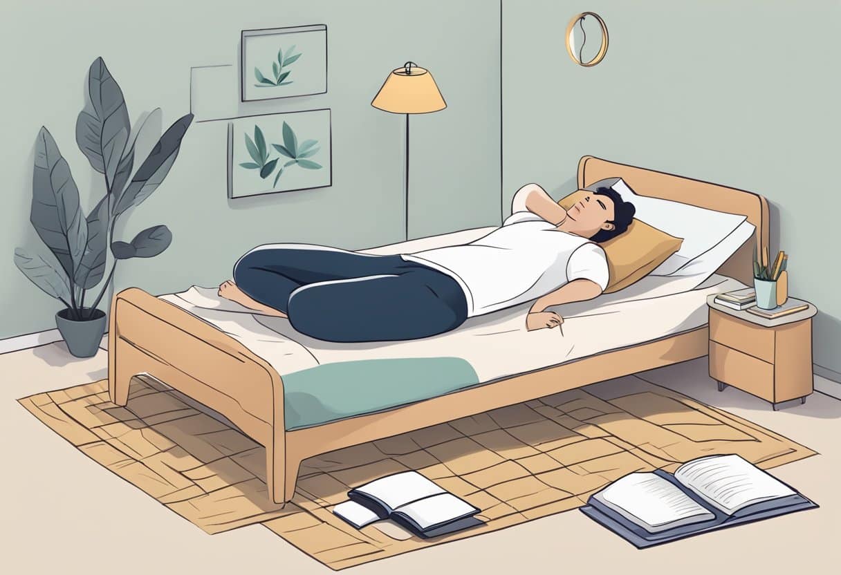 A person lying in bed with restless legs, surrounded by pillows and a journal. A yoga mat and exercise equipment in the corner