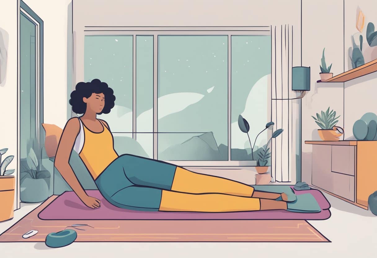 A person lying in bed, tossing and turning with their legs moving involuntarily. A yoga mat and exercise equipment are nearby, suggesting an attempt to alleviate symptoms through physical activity