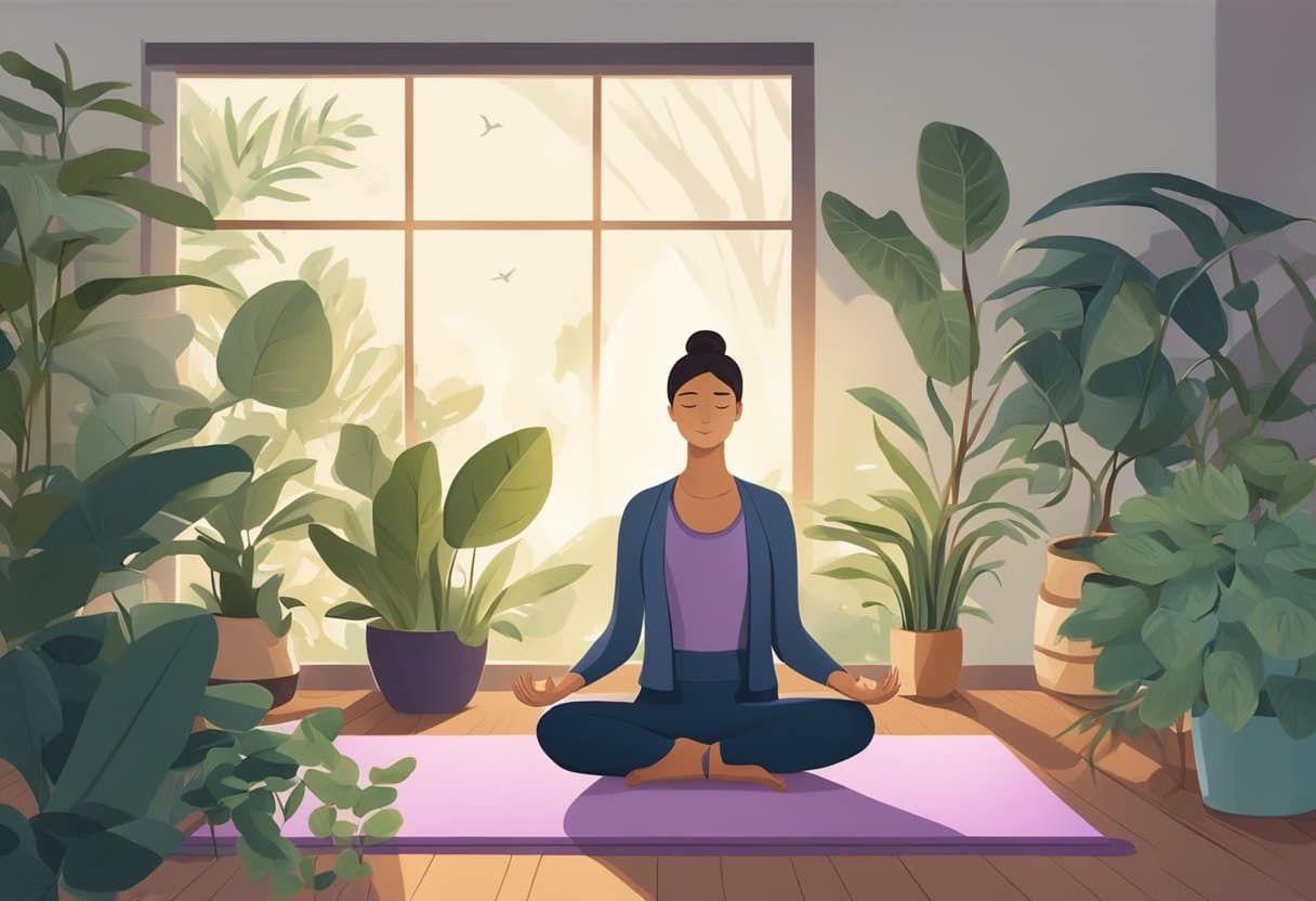 A person doing yoga in a peaceful, dimly lit room, surrounded by plants and calming decor