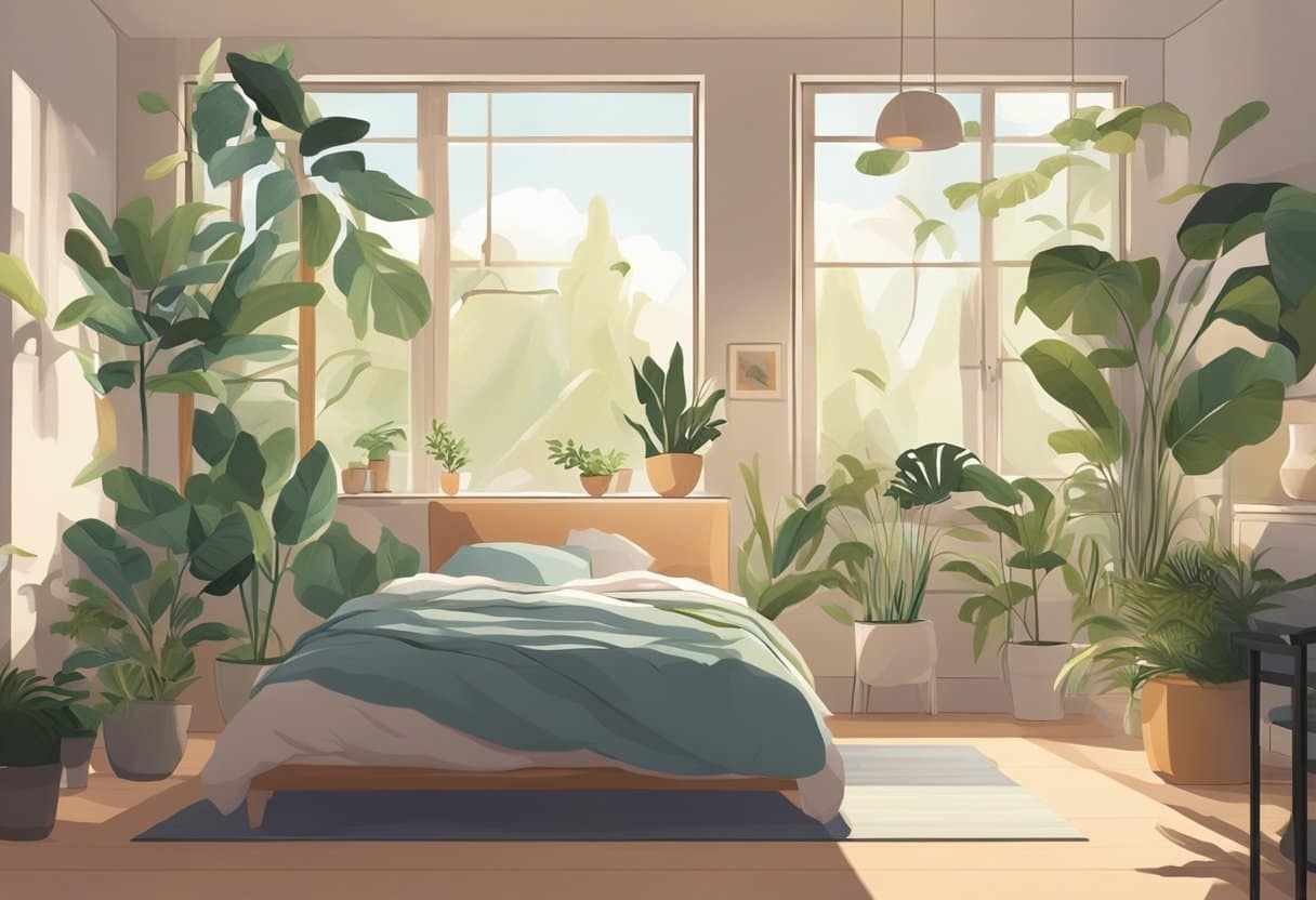 A person exercising in a peaceful bedroom, surrounded by calming elements like plants and soft lighting