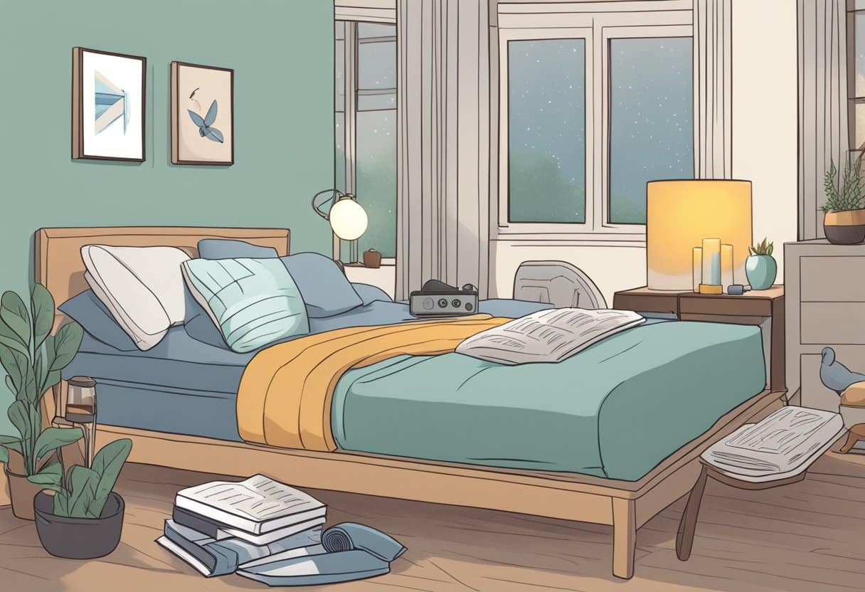 A person peacefully sleeping in bed, with exercise equipment nearby and a book on coping strategies for Restless Leg Syndrome