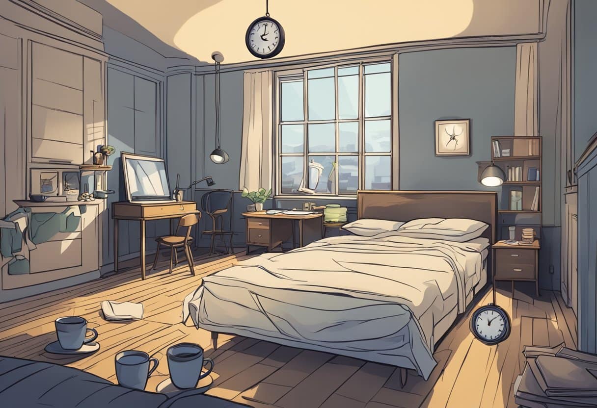 A dimly lit room with a clock showing late hours, empty coffee cups, and a disheveled bed