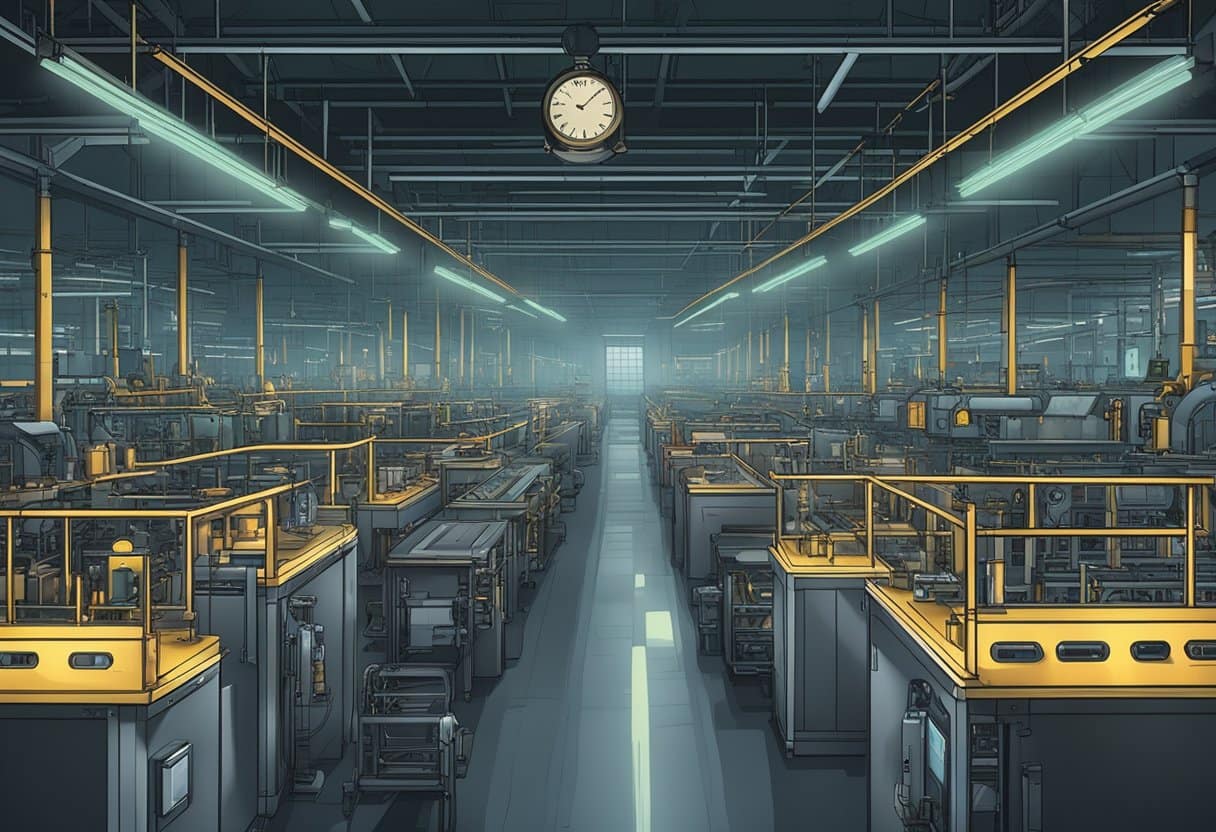 A dimly lit factory floor with rows of machines humming in the background, while a clock on the wall shows the time in the middle of the night