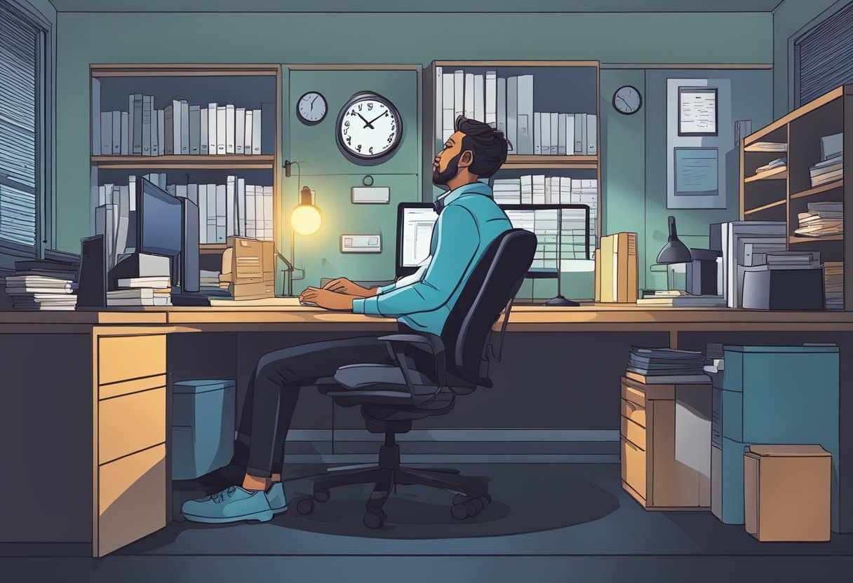 A night shift worker struggles to stay awake, surrounded by a dark and quiet office space. The clock on the wall reads 3 AM