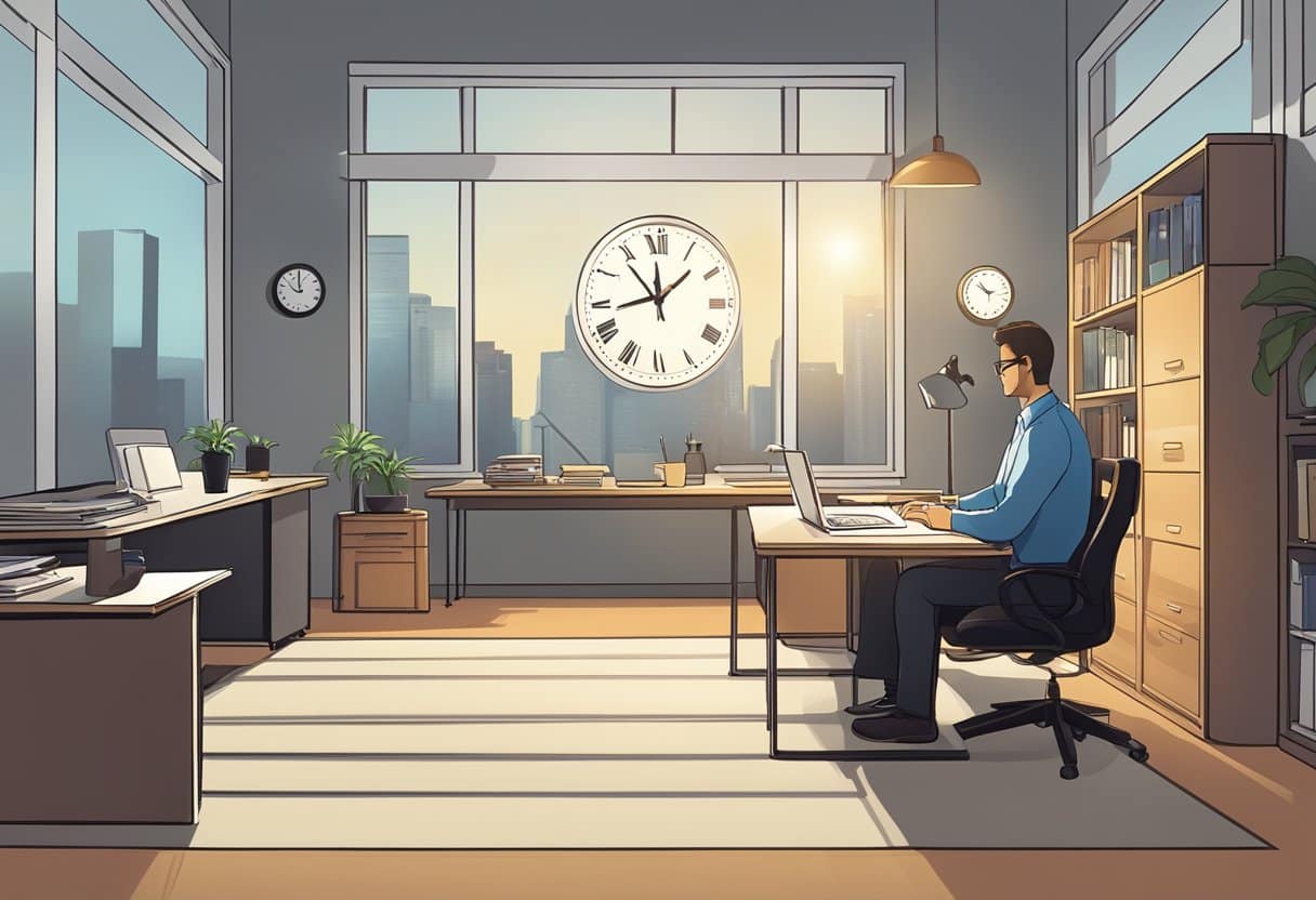 A dimly lit office with a clock showing late hours, a tired figure at a desk, and a bright window hinting at daytime outside