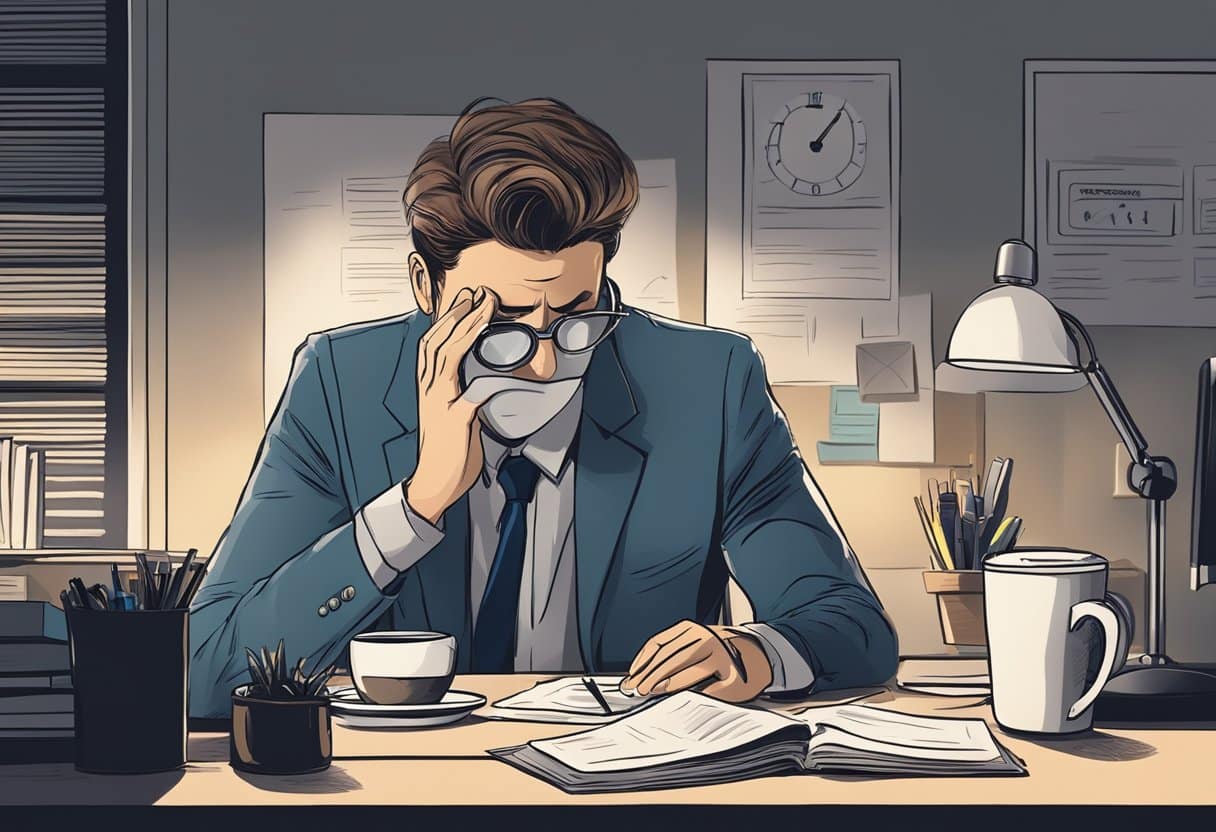 A dimly lit office with a clock showing late hours, a tired worker rubbing their eyes, and a cup of coffee on the desk