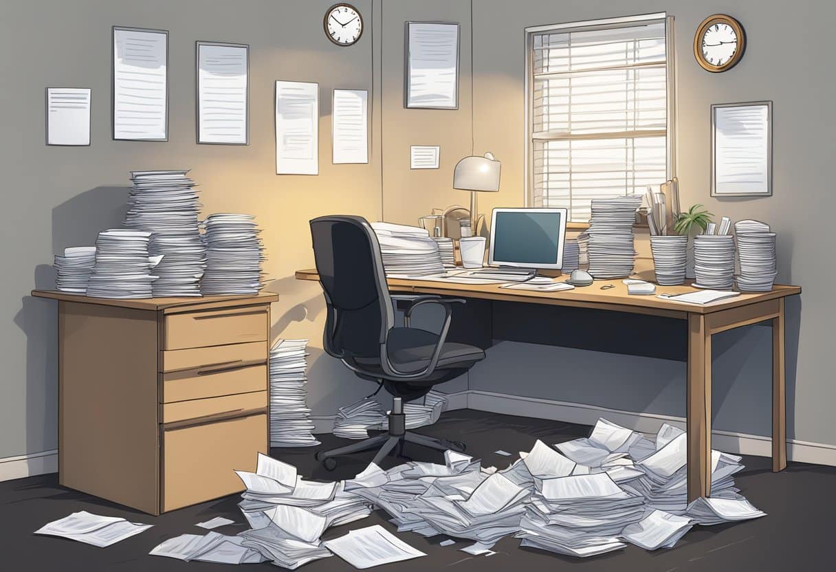 A disheveled office desk with scattered papers and a computer screen showing a clock reading late hours, surrounded by empty coffee cups and a weary-looking office chair