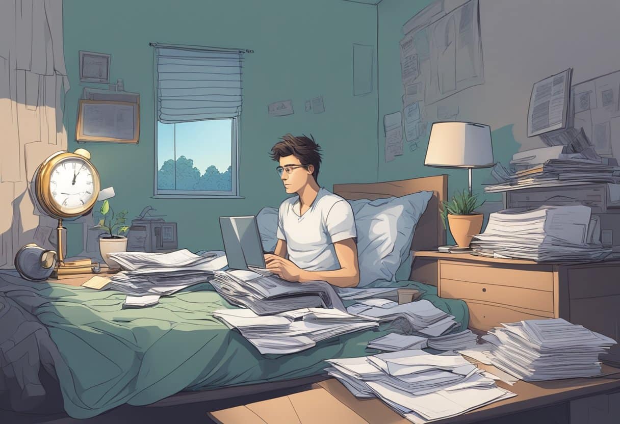 A disheveled bedroom with a clock showing 3am, scattered papers, and a person staring blankly at a computer screen