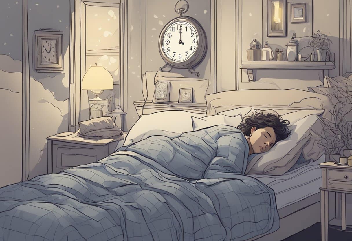 A person lying in bed with a disheveled appearance, surrounded by scattered pillows and a clock showing a late hour. The room is dimly lit, and the person looks fatigued and distressed