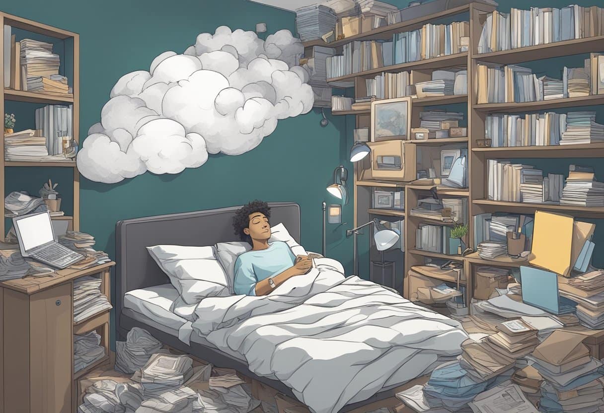 A person lying in bed with tired eyes, surrounded by clutter and unfinished tasks, while a dark cloud looms overhead, representing the mental and physical toll of sleep deprivation