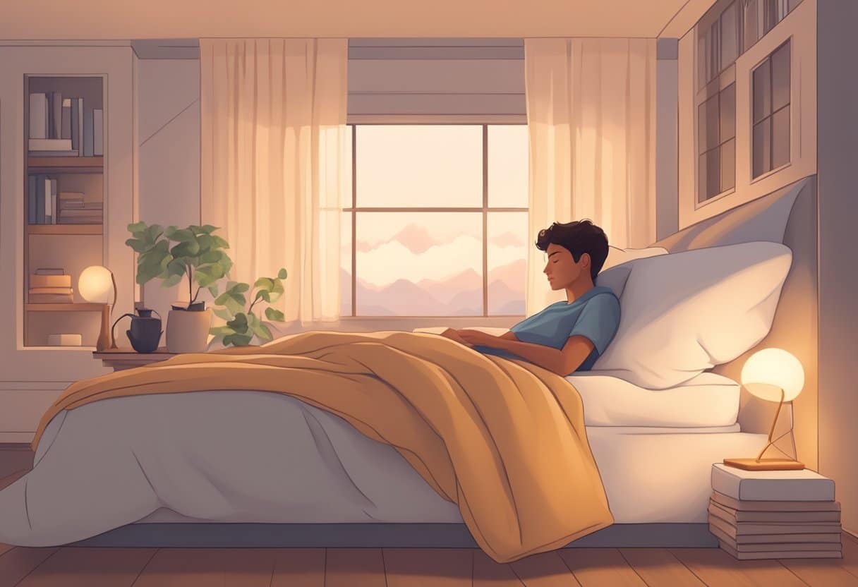 A person peacefully sleeping in a cozy bed, surrounded by soft pillows and a warm blanket, with a serene and tranquil atmosphere