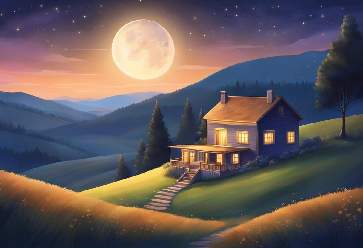 A peaceful night sky with a crescent moon shining down on a tranquil landscape of rolling hills and a cozy, glowing house