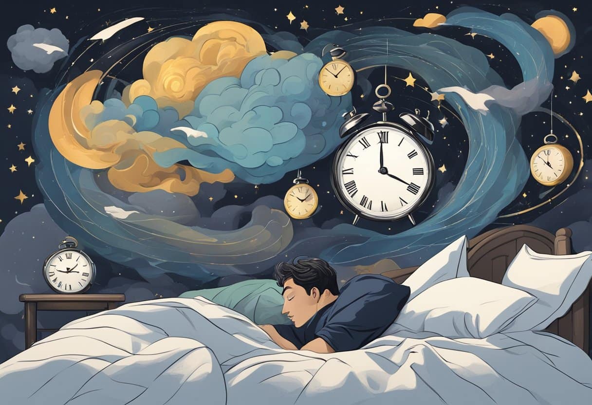 A person lying in bed, surrounded by swirling thoughts and a dark cloud above, while a fragmented clock shows both late night and early morning hours