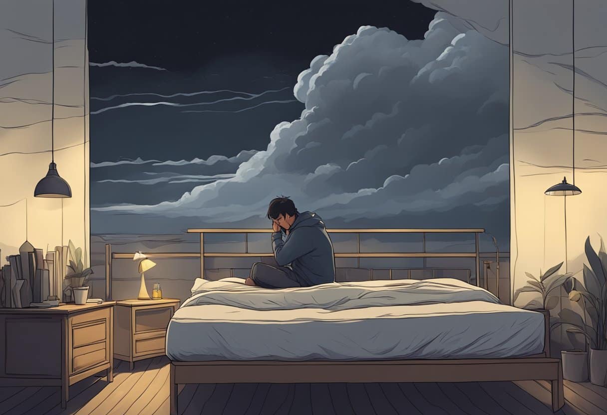 A dark, stormy cloud looming over a bed with a disheveled appearance and a person lying awake with a pained expression